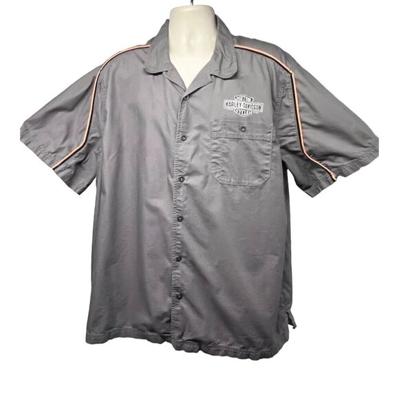 Harley Davidson Mechanic Garage Gray Double Graphic Button Up Shirt 2XL Pocket - Picture 2 of 7